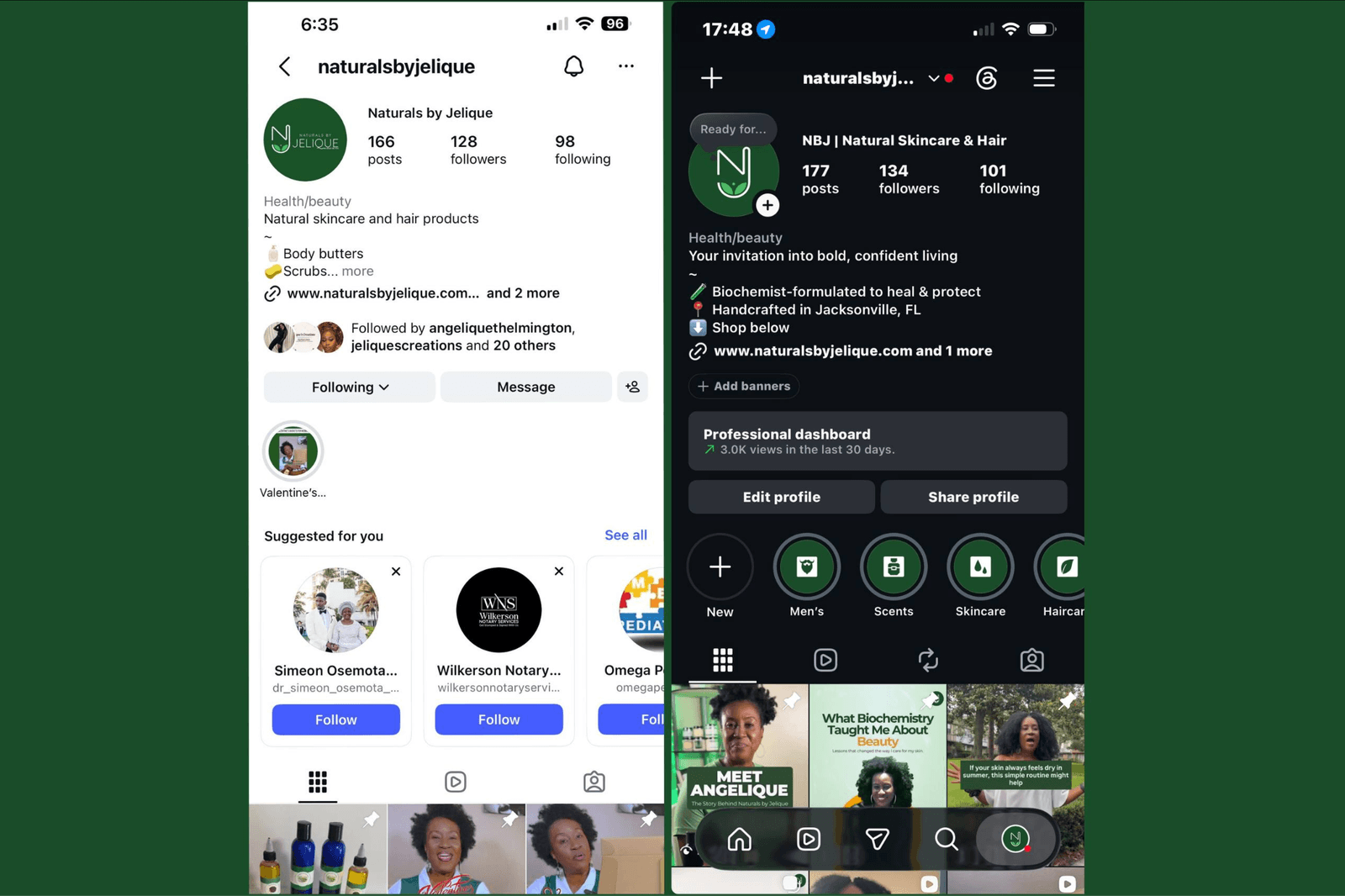 The Naturals by Jelique Instagram profile before and after the engagement